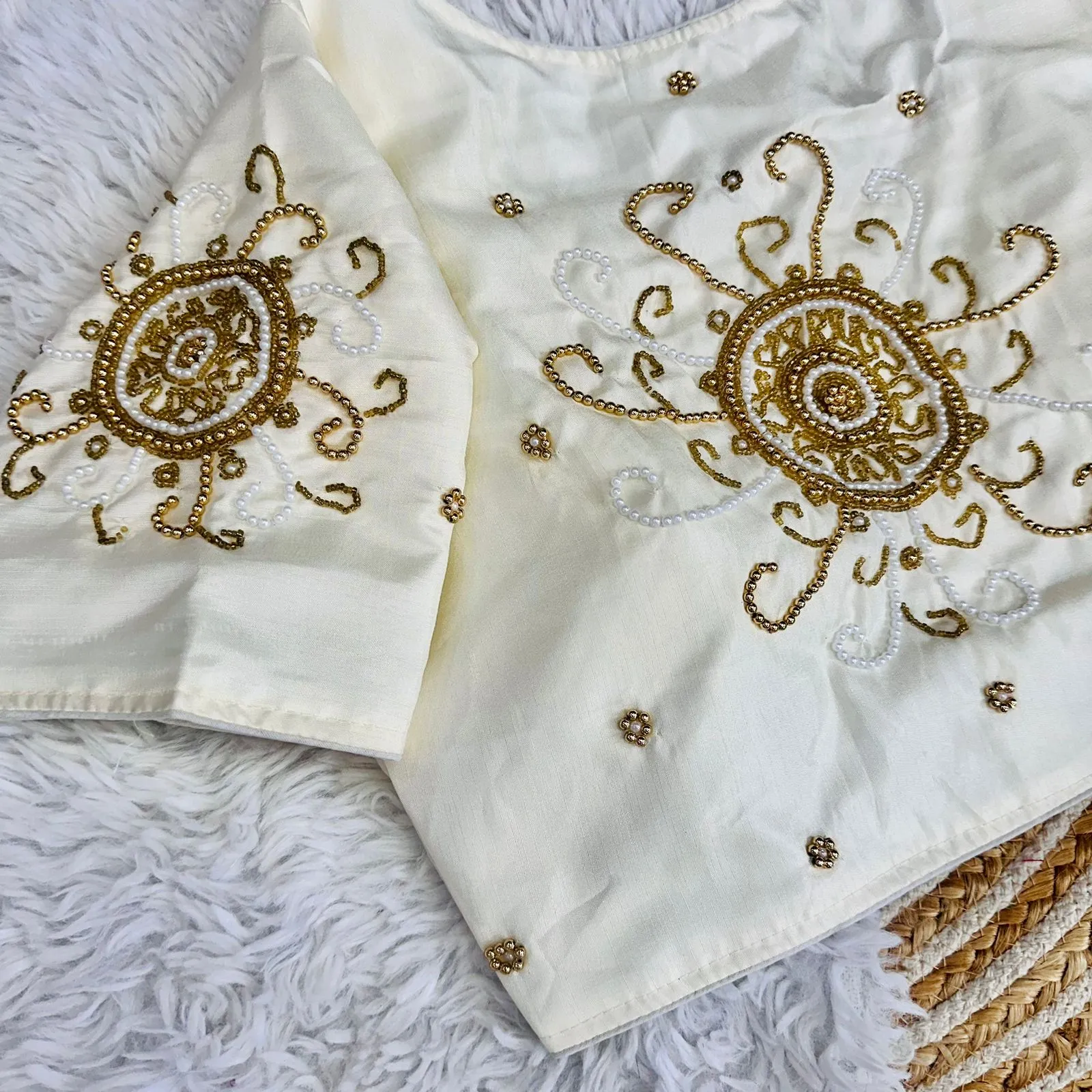 White Golden Handcrafted Makhana Silk Blouse with White Pearl Accents