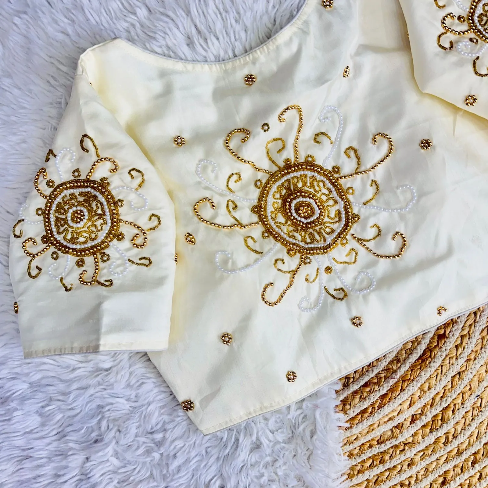 White Golden Handcrafted Makhana Silk Blouse with White Pearl Accents