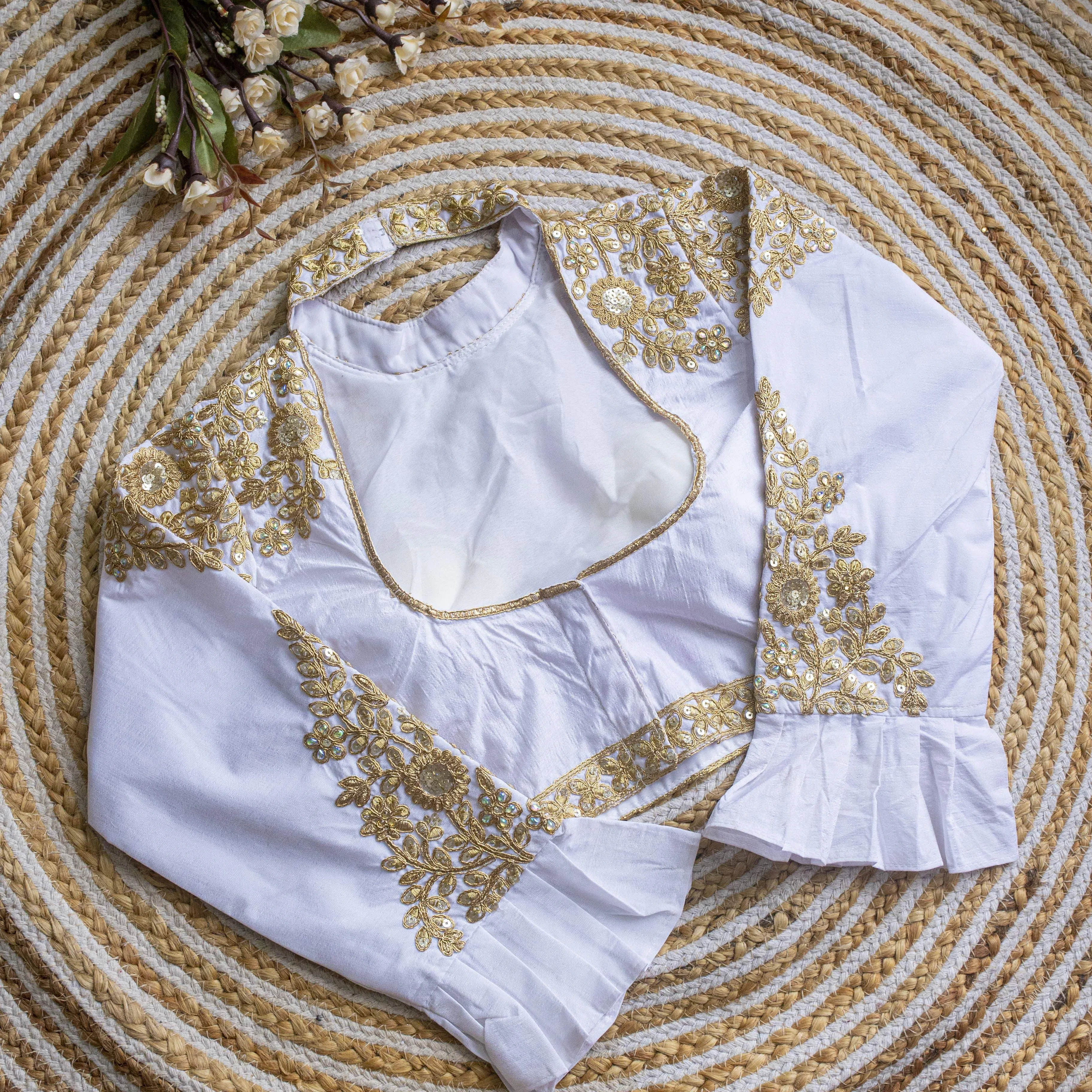 White Golden Sequence Embroidered Blouse in glossy silk