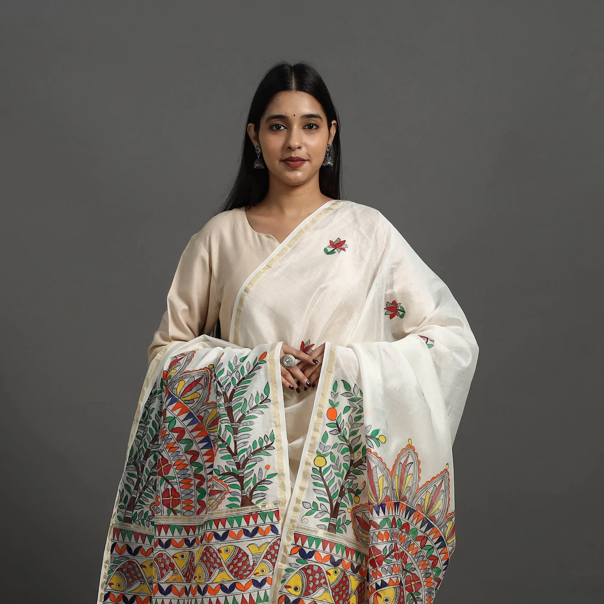 White - Handloom Chanderi Silk Handpainted Madhubani Dupatta 13