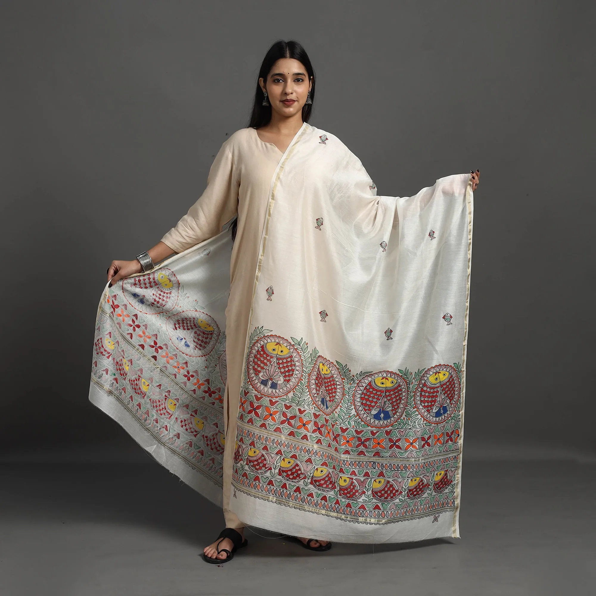 White - Handloom Chanderi Silk Handpainted Madhubani Dupatta 15