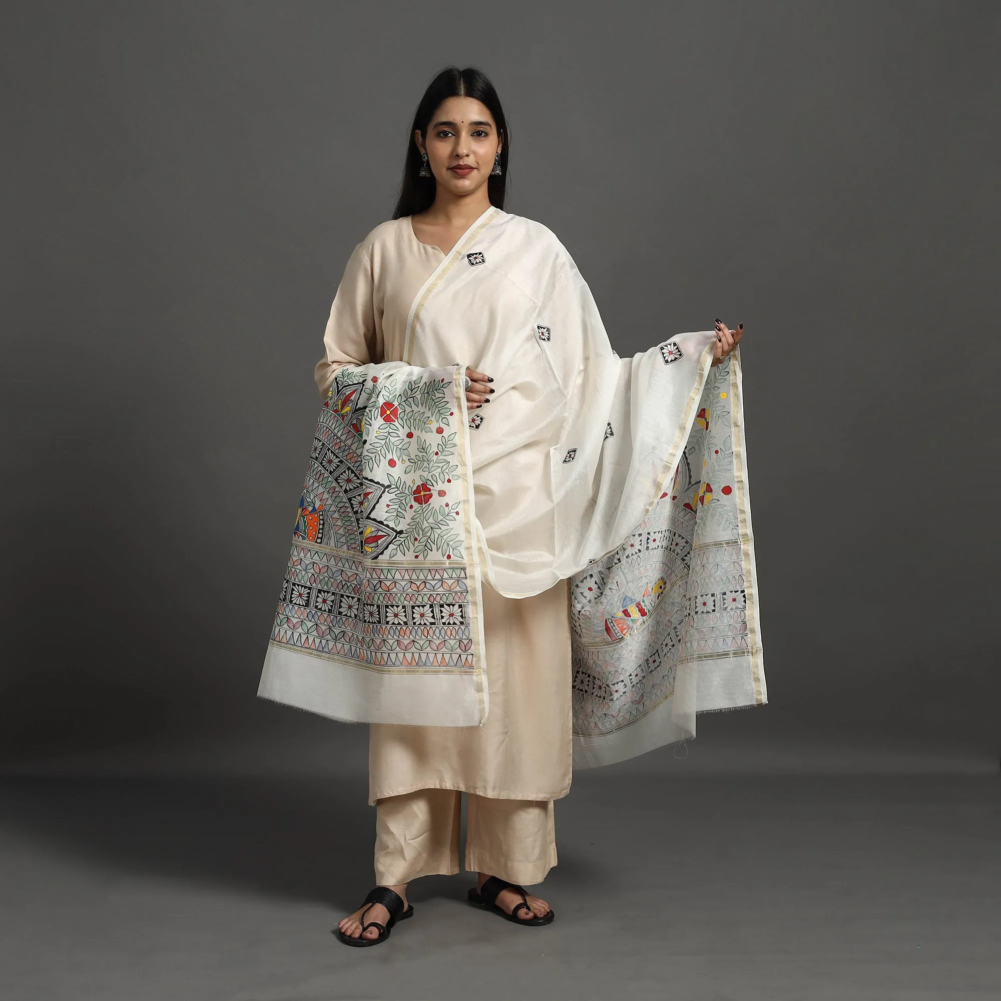 White - Handloom Chanderi Silk Handpainted Madhubani Dupatta 19