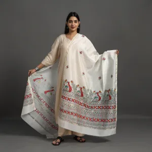 White - Handloom Chanderi Silk Handpainted Madhubani Dupatta 21