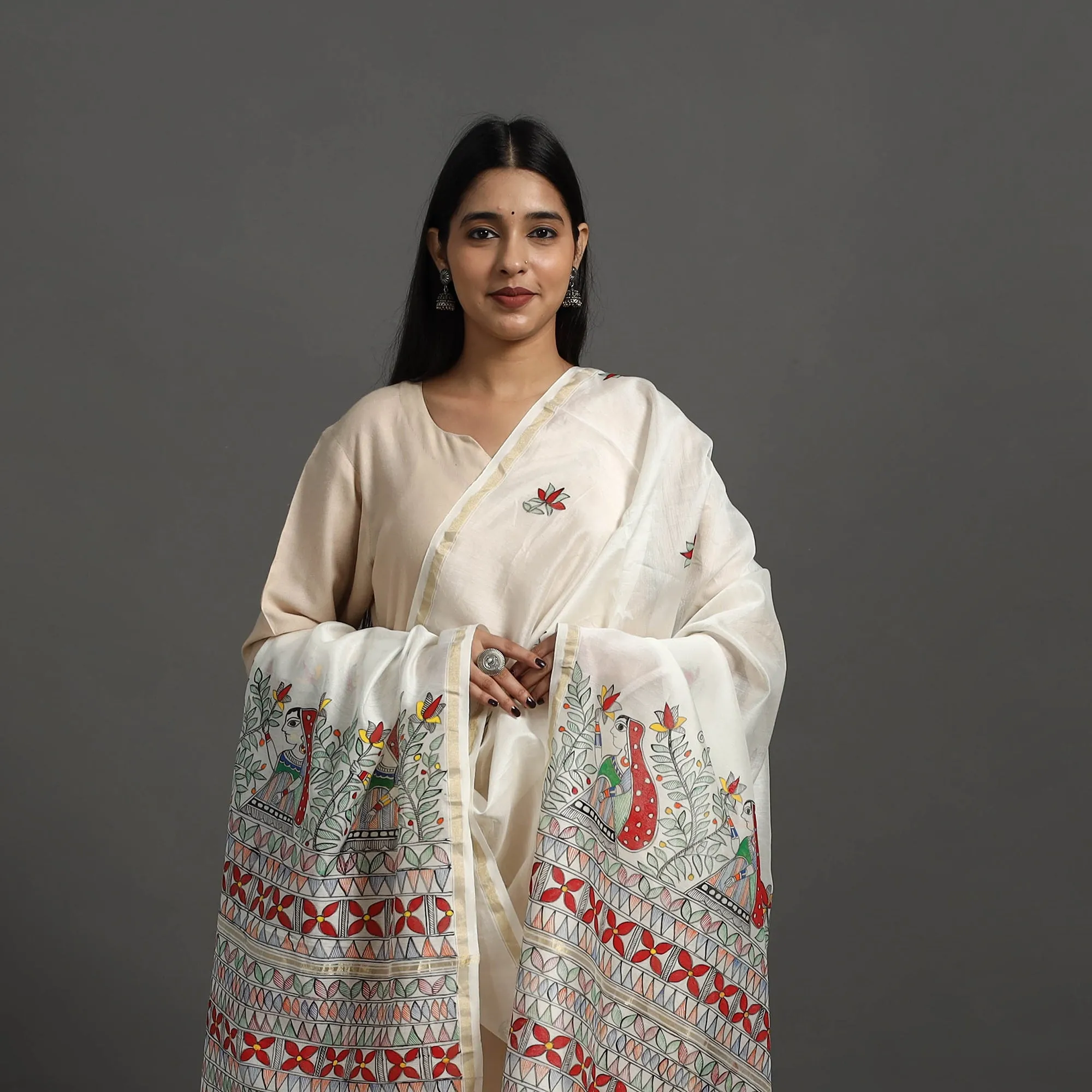 White - Handloom Chanderi Silk Handpainted Madhubani Dupatta 21