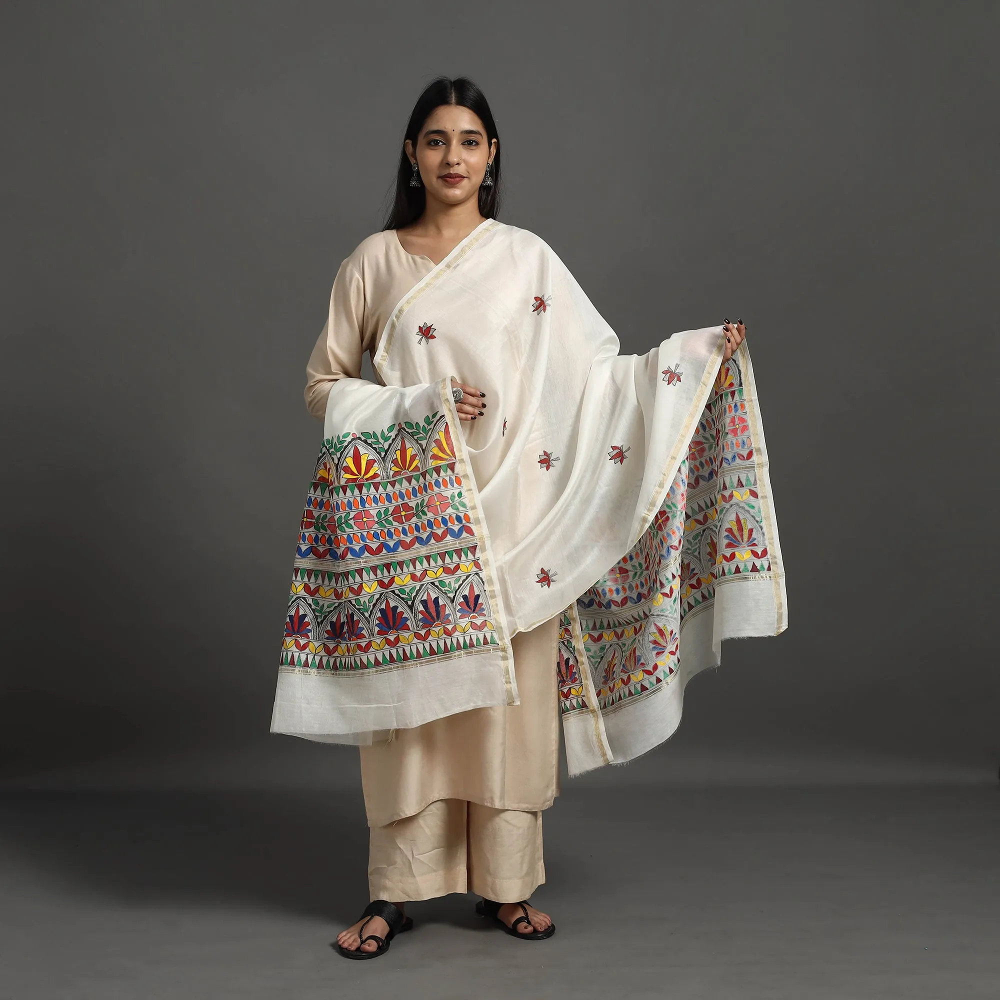 White - Handloom Chanderi Silk Handpainted Madhubani Dupatta 24