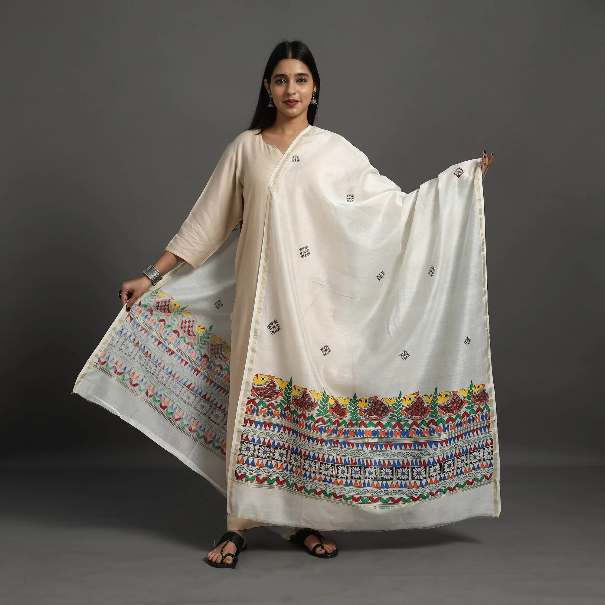 White - Handloom Chanderi Silk Handpainted Madhubani Dupatta 43