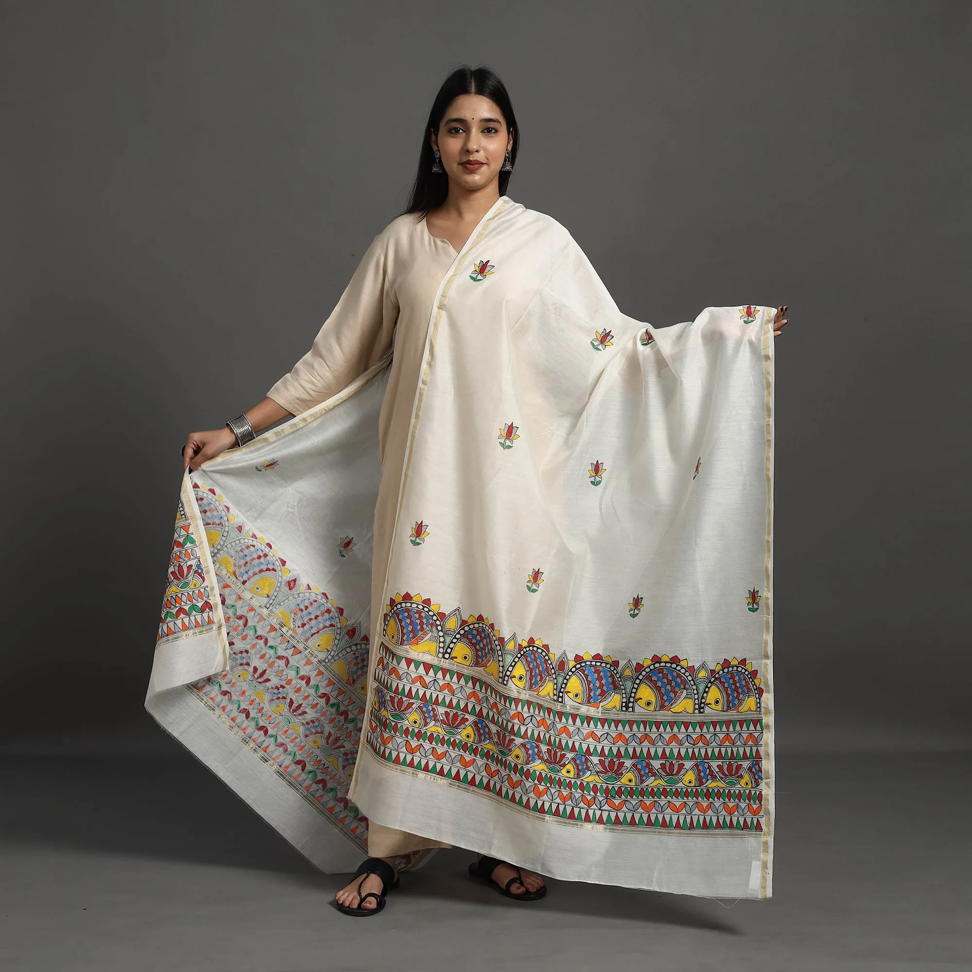 White - Handloom Chanderi Silk Handpainted Madhubani Dupatta 44