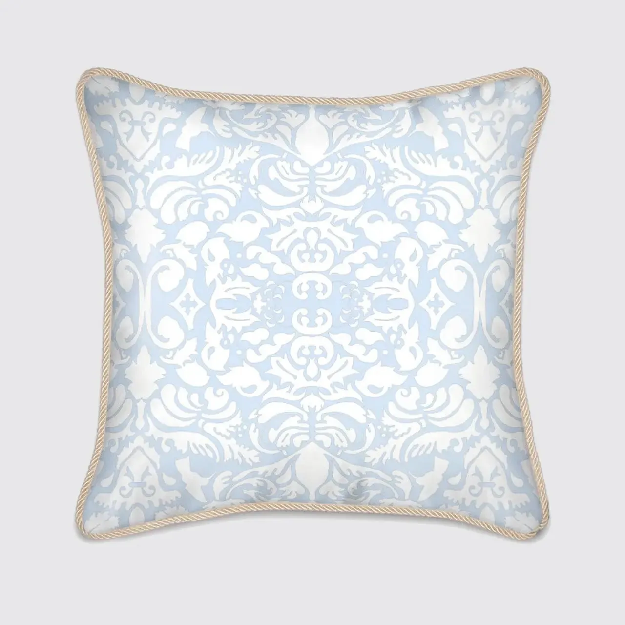 White Hummingbird Damask on Pale Blue Silk Cushion