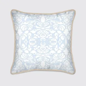 White Hummingbird Damask on Pale Blue Silk Cushion