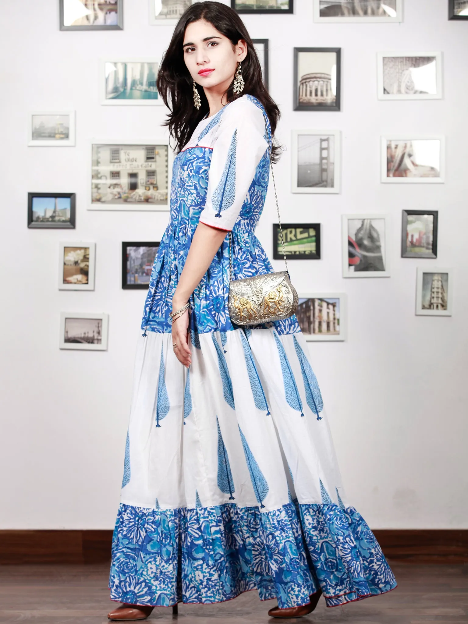 White Indigo Blue Hand Block Printed Long Tier Dress With Pin Tucks - D221F1498