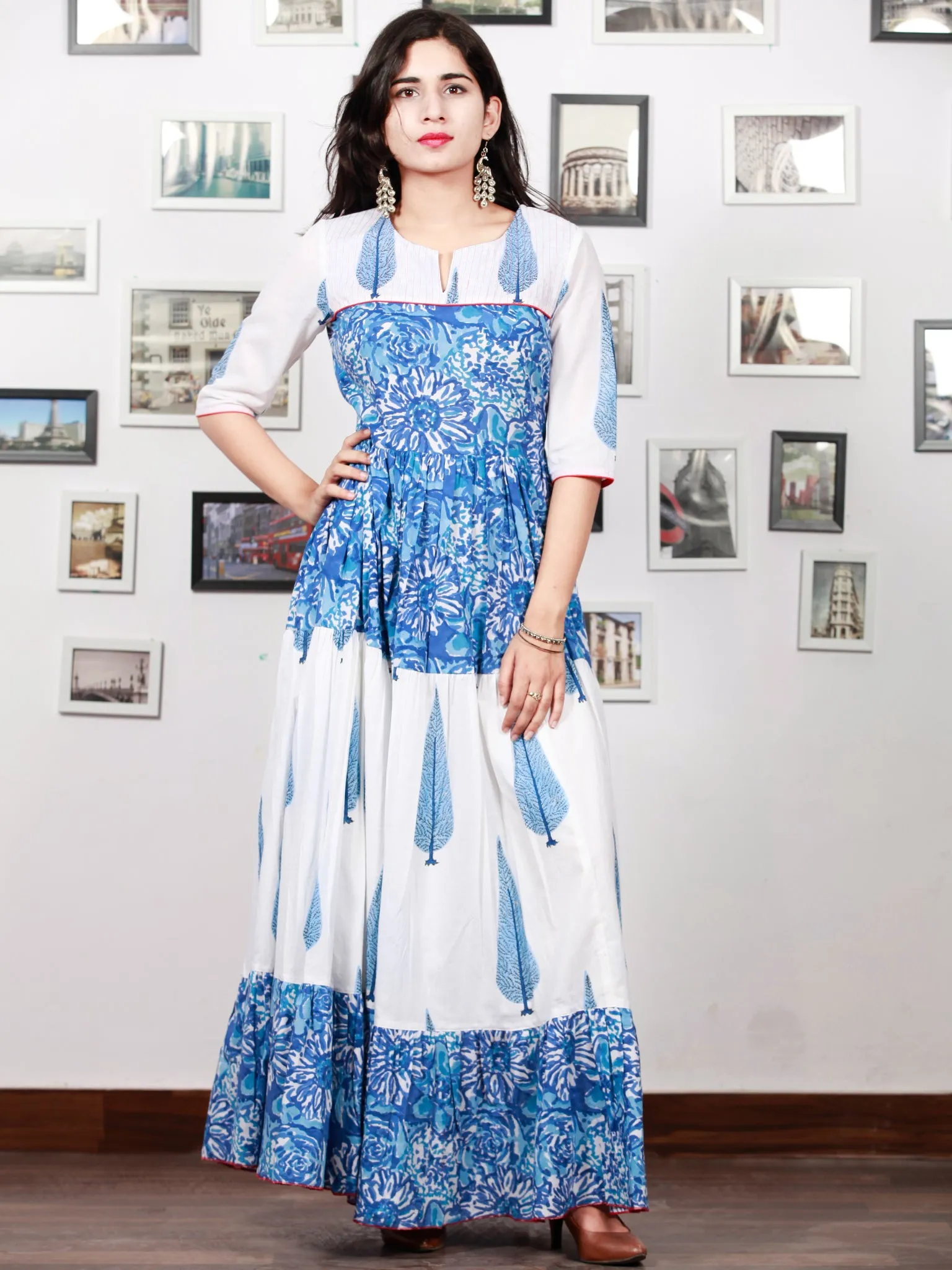 White Indigo Blue Hand Block Printed Long Tier Dress With Pin Tucks - D221F1498