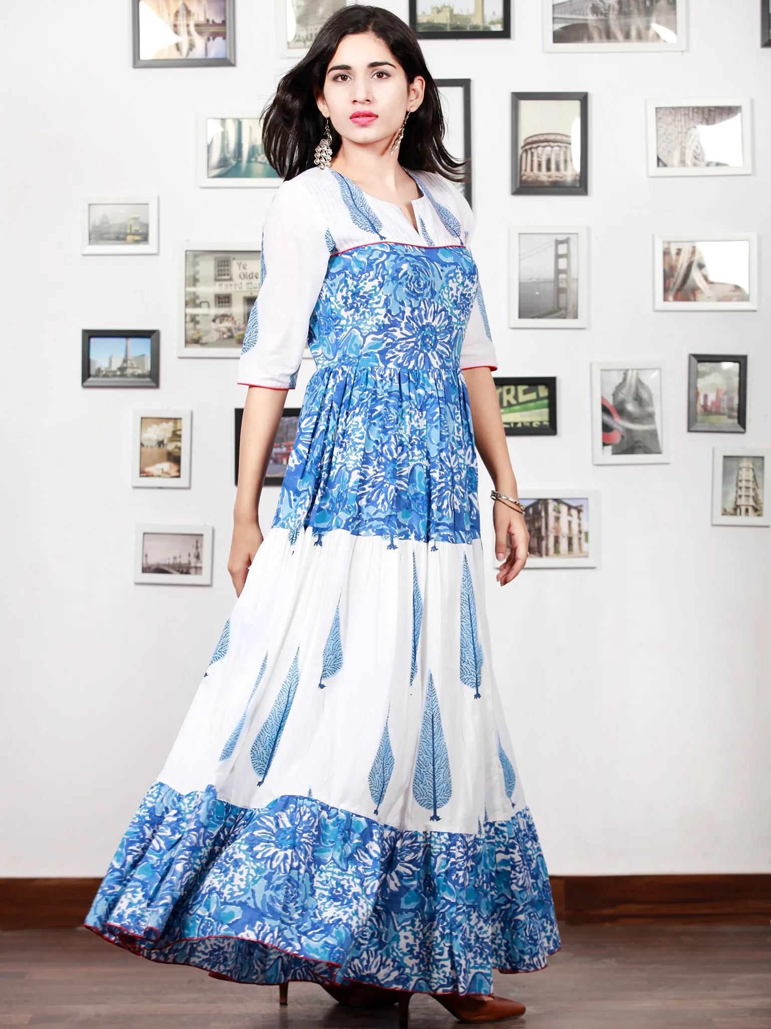 White Indigo Blue Hand Block Printed Long Tier Dress With Pin Tucks - D221F1498