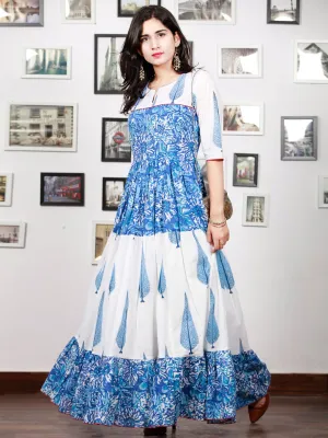 White Indigo Blue Hand Block Printed Long Tier Dress With Pin Tucks - D221F1498