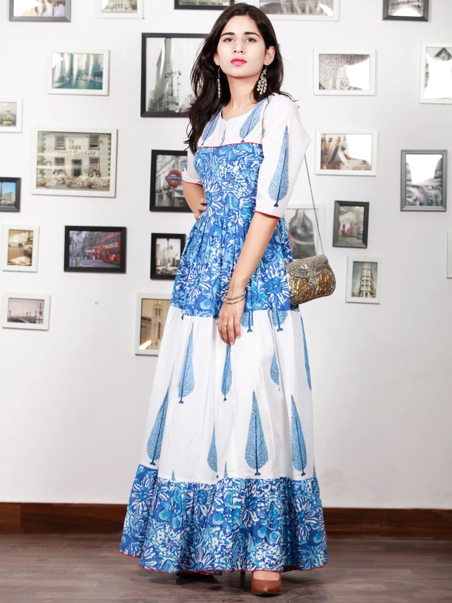 White Indigo Blue Hand Block Printed Long Tier Dress With Pin Tucks - D221F1498