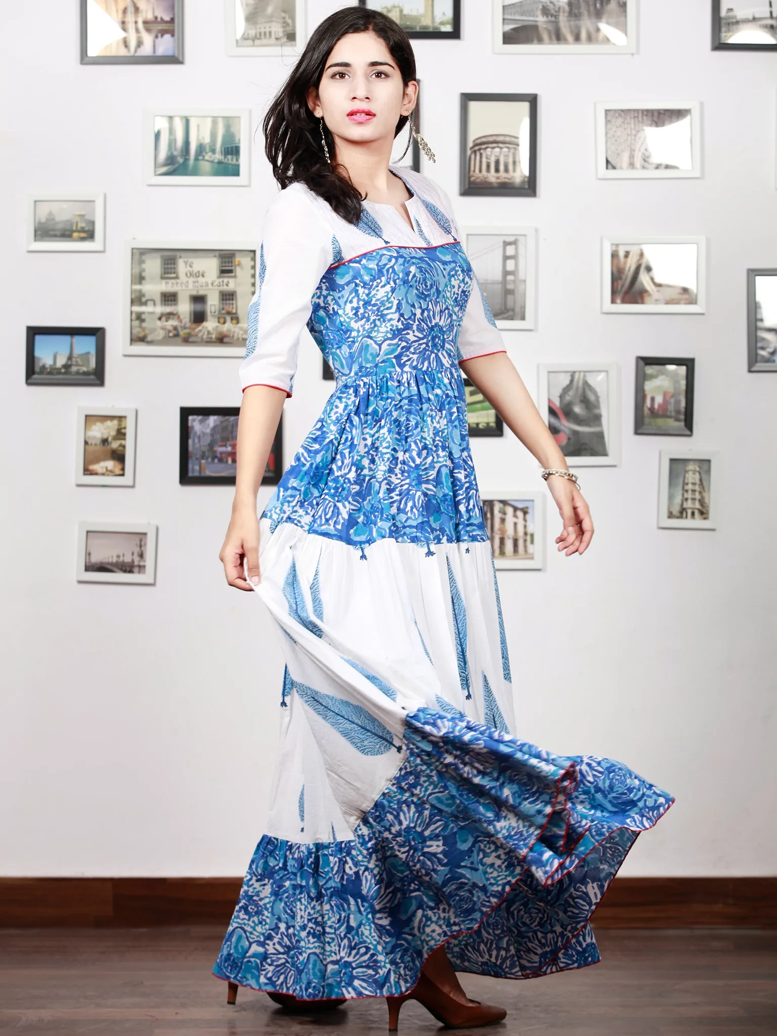 White Indigo Blue Hand Block Printed Long Tier Dress With Pin Tucks - D221F1498