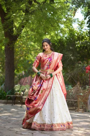 White Jacquard Silk Paithani Lehenga Choli Set