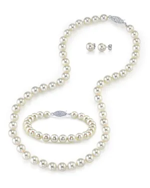 White Japanese Akoya 3-Piece Pearl Jewelry Set, 7.5-8.0mm