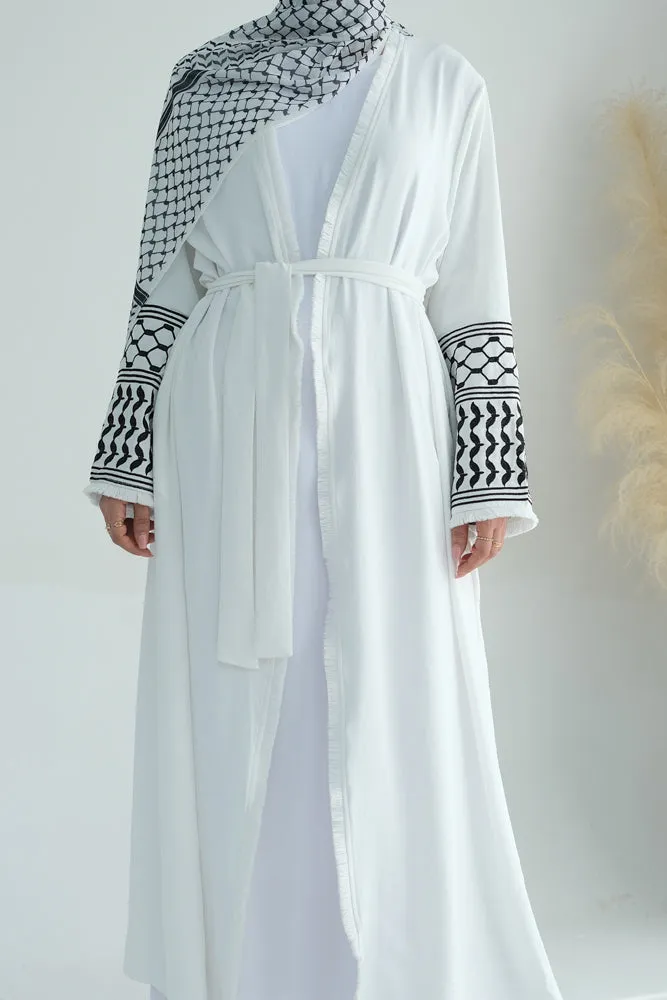 White Keffiyeh Inspired Abaya with contrast embroidered sleeves and detachable belt