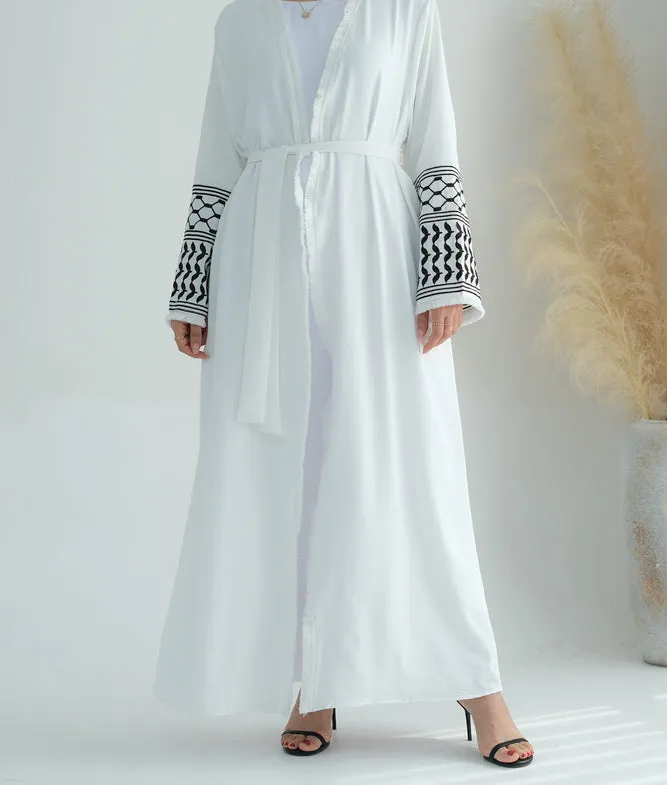 White Keffiyeh Inspired Abaya with contrast embroidered sleeves and detachable belt