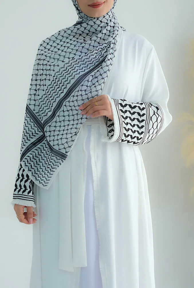 White Keffiyeh Inspired Abaya with contrast embroidered sleeves and detachable belt