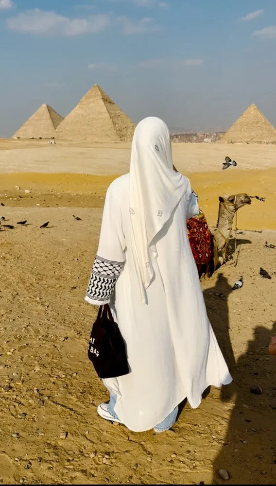 White Keffiyeh Inspired Abaya with contrast embroidered sleeves and detachable belt