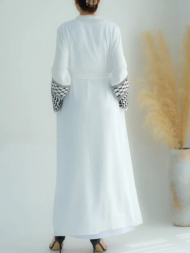 White Keffiyeh Inspired Abaya with contrast embroidered sleeves and detachable belt