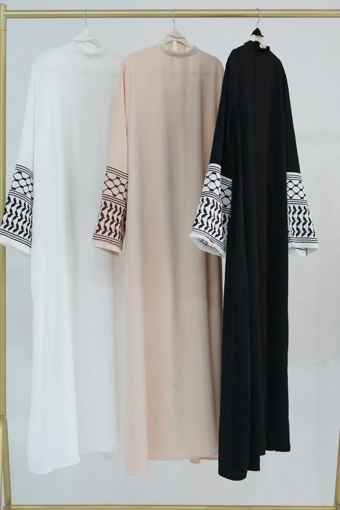 White Keffiyeh Inspired Abaya with contrast embroidered sleeves and detachable belt