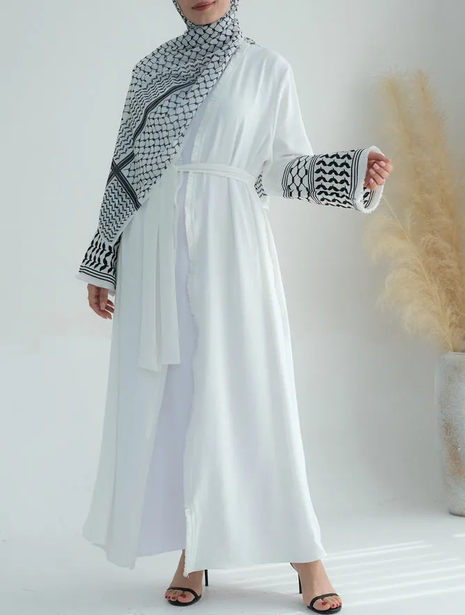 White Keffiyeh Inspired Abaya with contrast embroidered sleeves and detachable belt