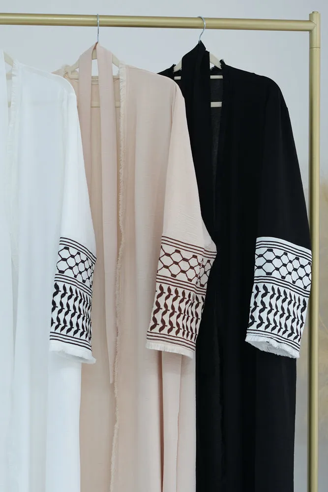 White Keffiyeh Inspired Abaya with contrast embroidered sleeves and detachable belt