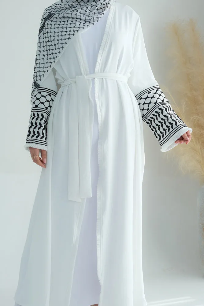 White Keffiyeh Inspired Abaya with contrast embroidered sleeves and detachable belt