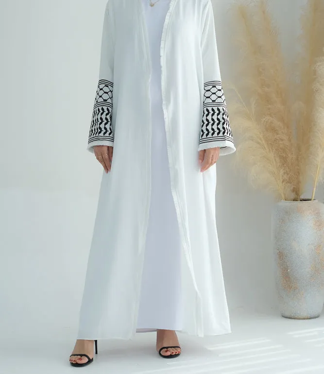 White Keffiyeh Inspired Abaya with contrast embroidered sleeves and detachable belt