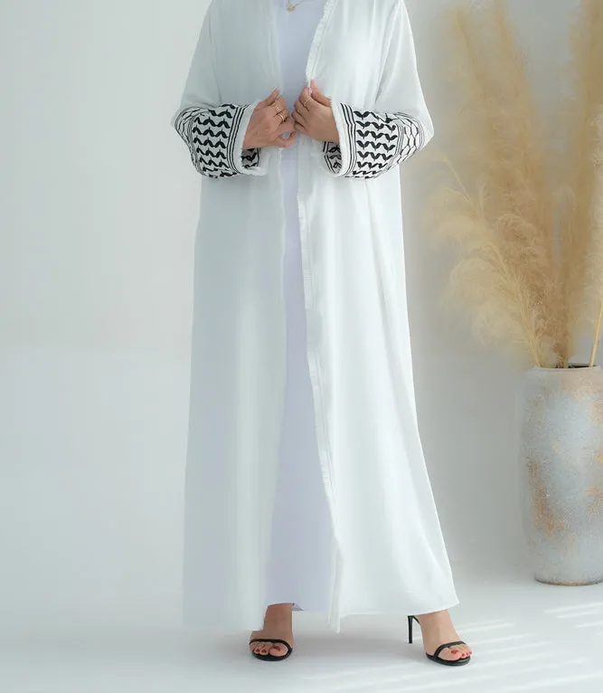 White Keffiyeh Inspired Abaya with contrast embroidered sleeves and detachable belt