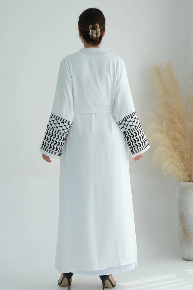 White Keffiyeh Inspired Abaya with contrast embroidered sleeves and detachable belt