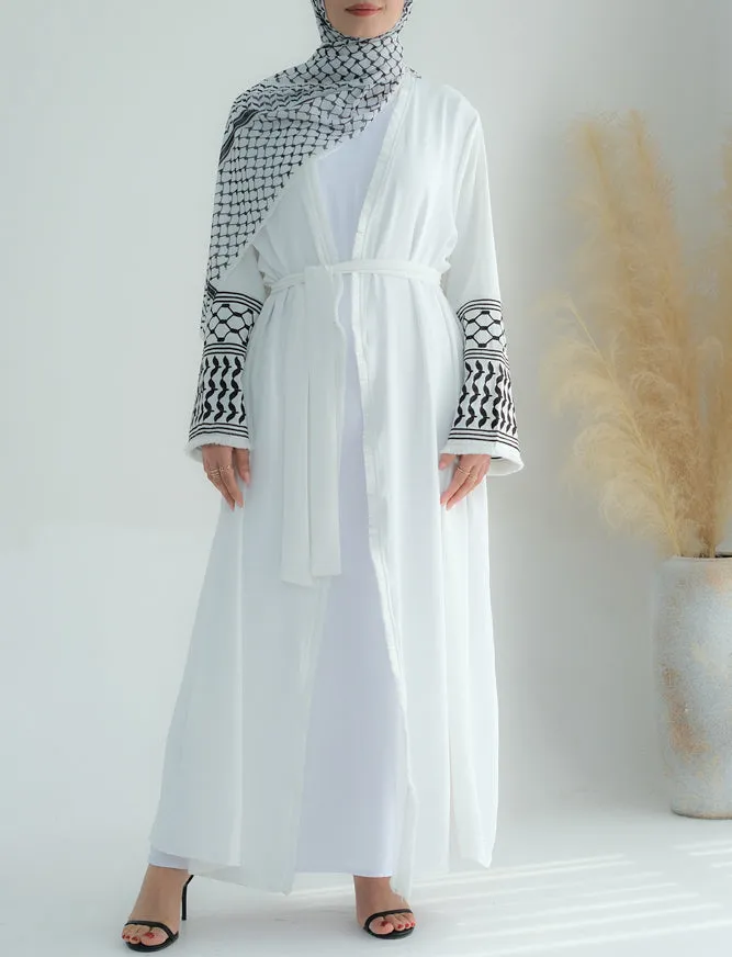 White Keffiyeh Inspired Abaya with contrast embroidered sleeves and detachable belt