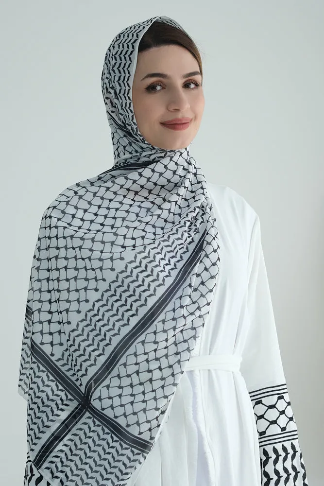 White Keffiyeh Inspired Abaya with contrast embroidered sleeves and detachable belt