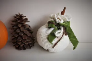 White Knit Pumpkin PIllow Pouf, Cinnamon Stick Stem