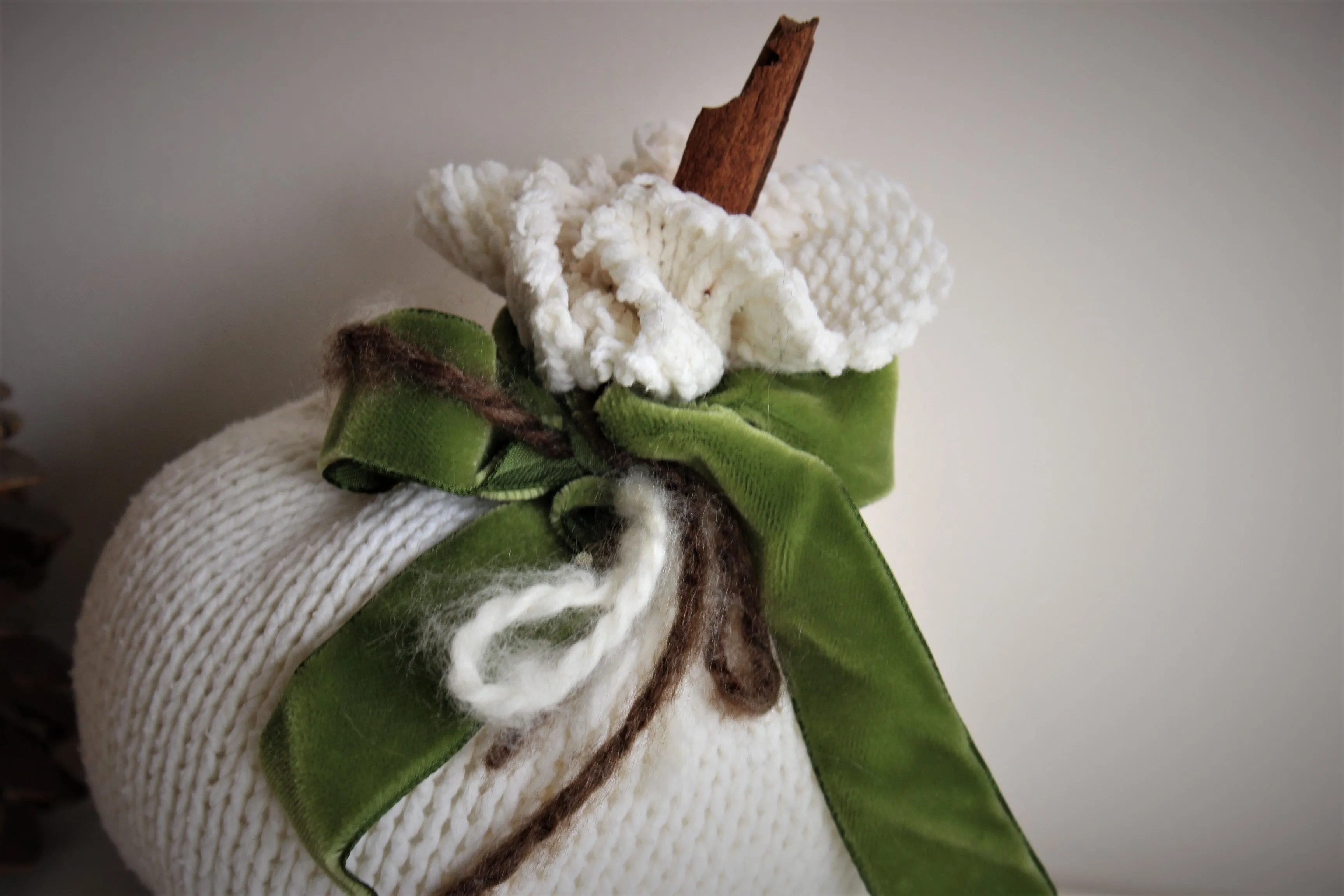 White Knit Pumpkin PIllow Pouf, Cinnamon Stick Stem