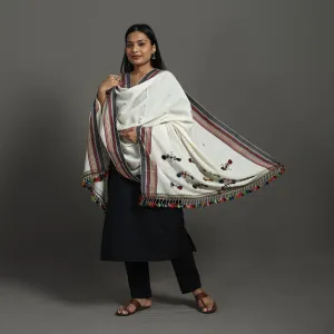 White - Kutch Bhujodi Weaving Mirror Work Handloom Woolen Shawl 06