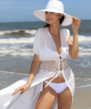 White Lace Beach Kimono with Cap Sleeves and Adjustable Front Opening