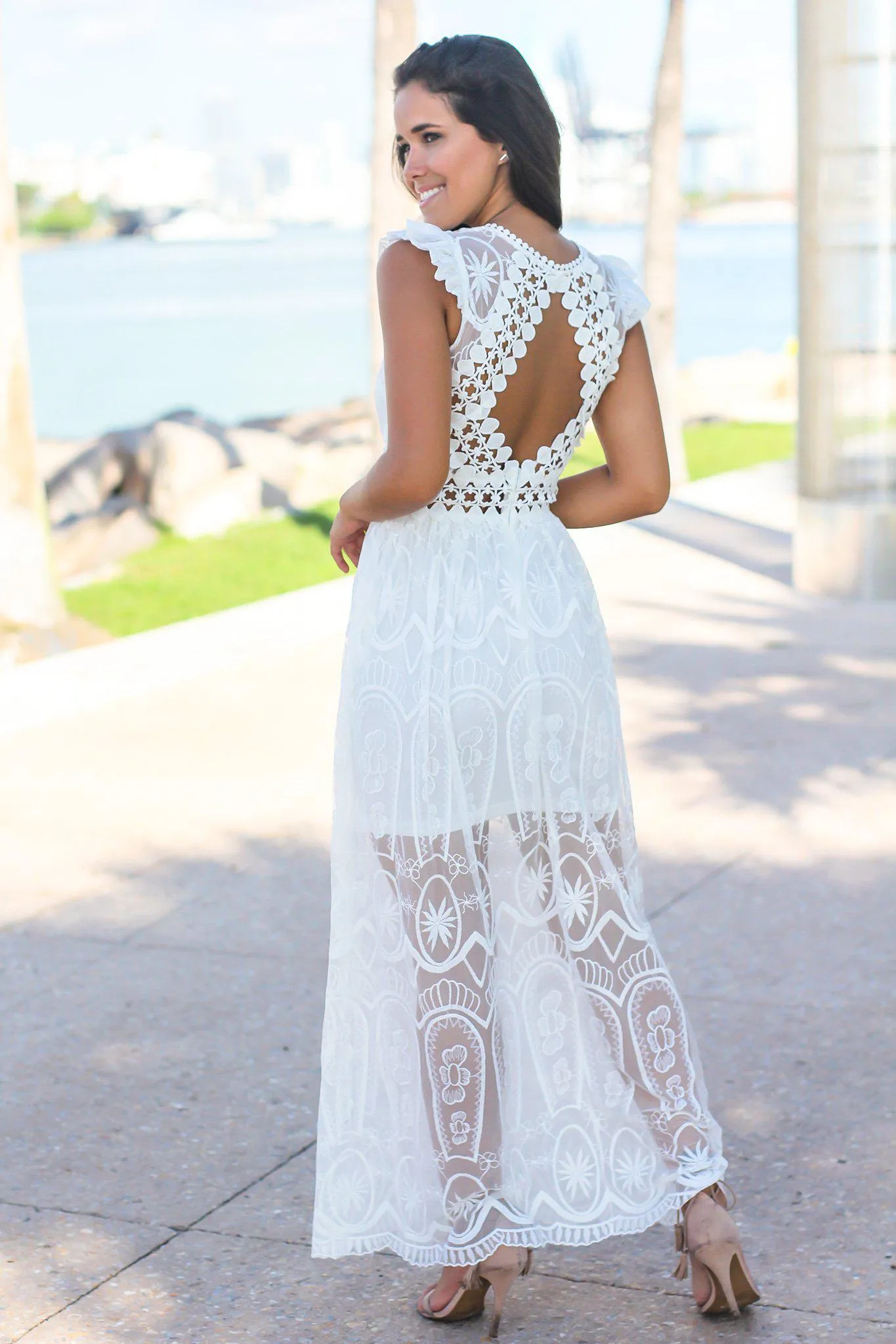 White Lace Maxi Dress with Crochet Back