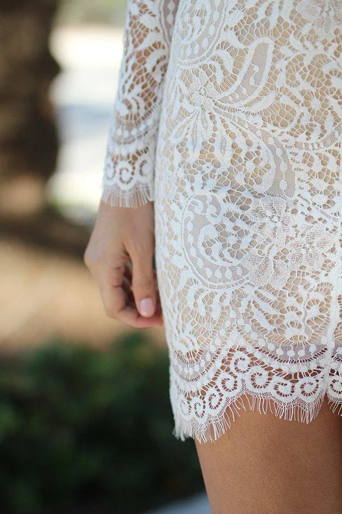 White Lace Short Dress with Open Back And Long Sleeves