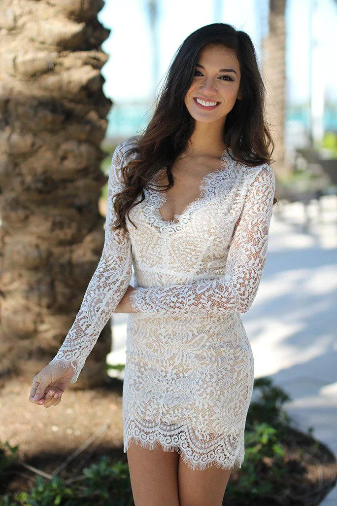 White Lace Short Dress with Open Back And Long Sleeves