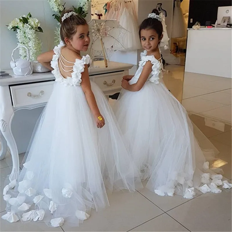 White Lace Tulle Flower Girl Pageant First Communion Dress