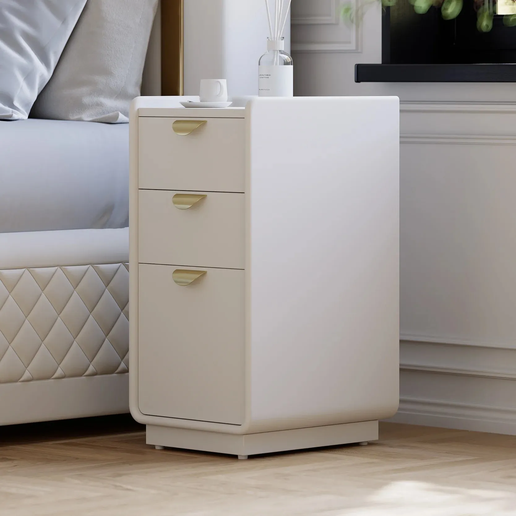 White Leather Narrow Nightstand/Bedside Table