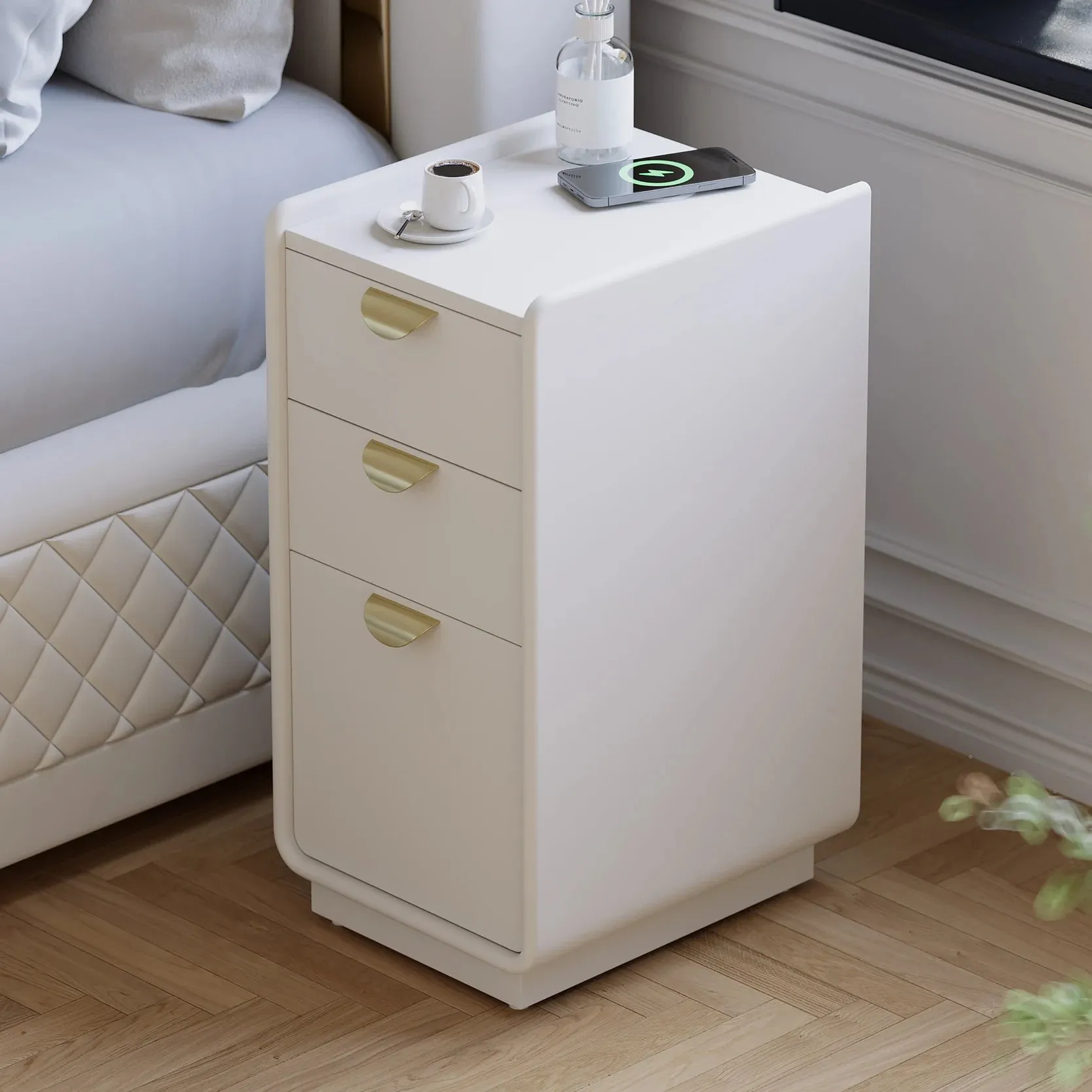 White Leather Narrow Nightstand/Bedside Table