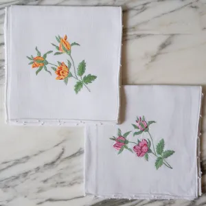 White Linen Hand-Embroidered Flower Napkins