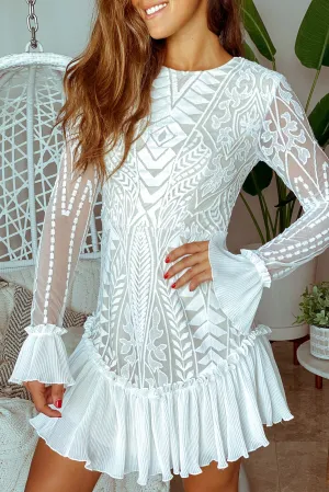 White Long Sleeve Lace Short Dress