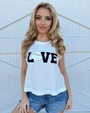 White LOVE Baseball Across Cropped Tank