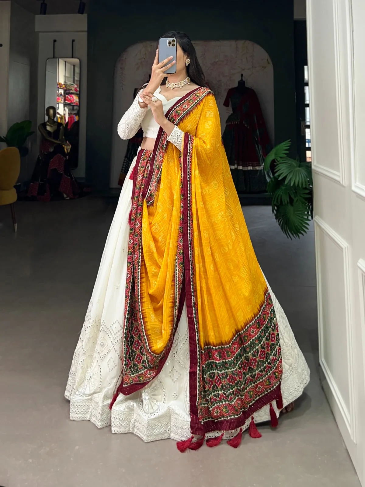 White Lucknowi Paper Mirror Work Lehenga Choli