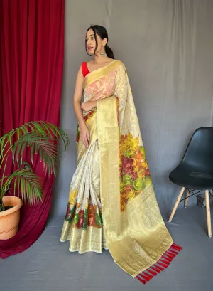 White Maple Saree in Anokhi Kora Muslin Silk Floral Print